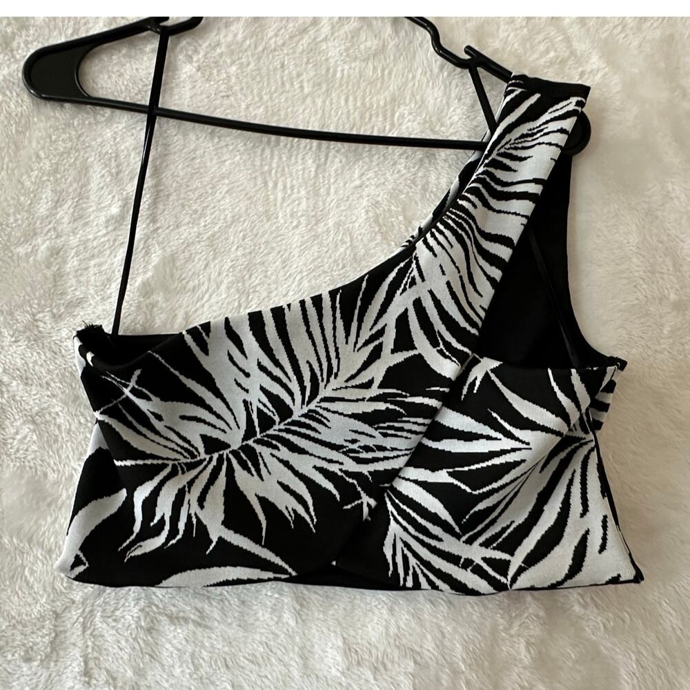 Zara Crop One Shoulder Top L Black Palm Print Jacquard Tropical